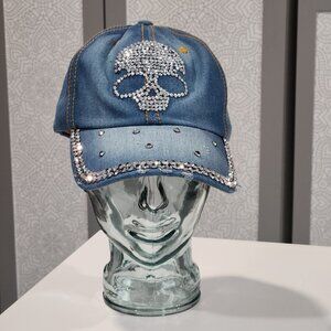 Denim Cap with Rhinestone Skull